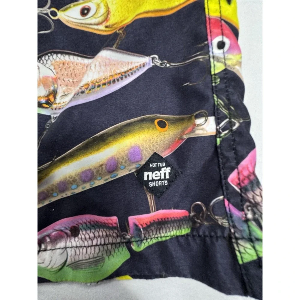 Neff Men's XL Swim Shorts Black/Multicolor Fish Print Drawstring Pockets